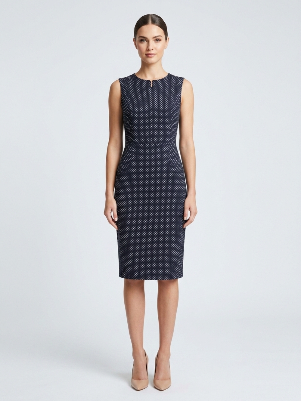 Calvin Klein Black and White Polka Dot Sheath Midi Dress